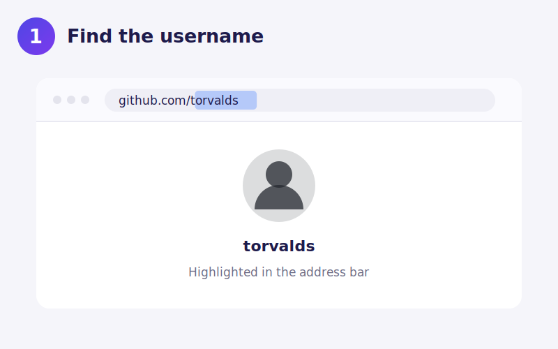 A GitHub profile with the username highlighted in the browser address bar