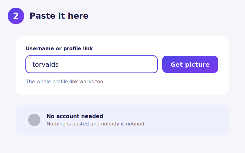 A GitHub username typed into the dpdownloader box next to the Get picture button