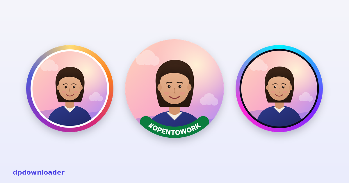 The same portrait with three different borders: a warm gradient ring, a neon ring and a green band with curved text