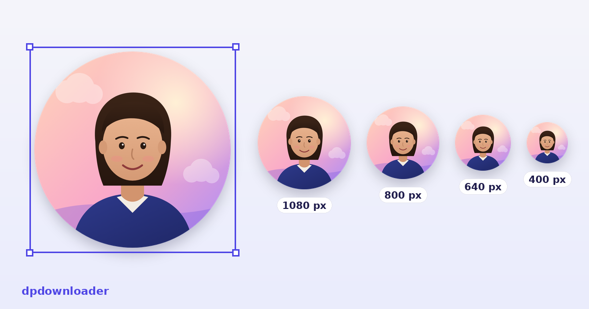 One photo cropped once and exported at the right size for Instagram, YouTube, WhatsApp, X and other platforms, each shown inside its round frame