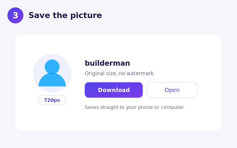 L'avatar Roblox affiché en 720 pixels avec un bouton de téléchargement à côté