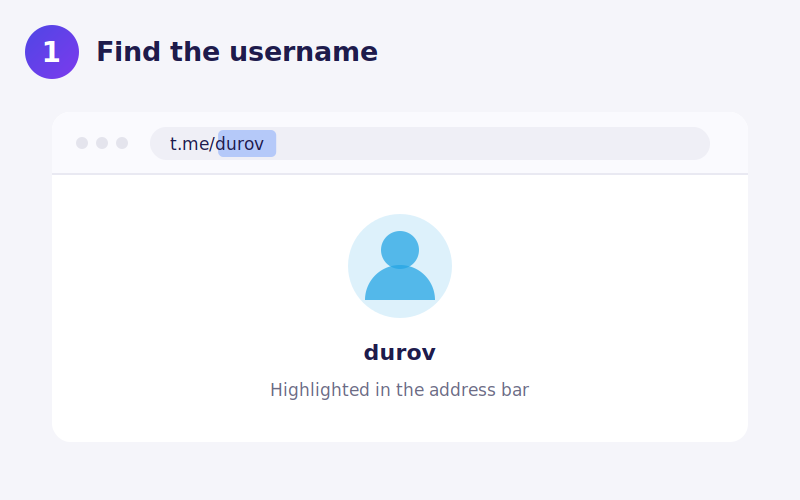 A Telegram preview page with the username highlighted in the browser address bar