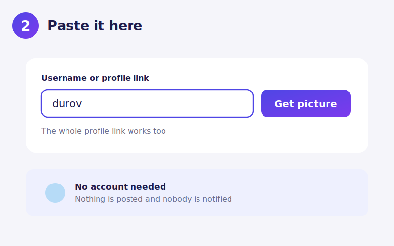 A Telegram username typed into the dpdownloader box next to the Get picture button