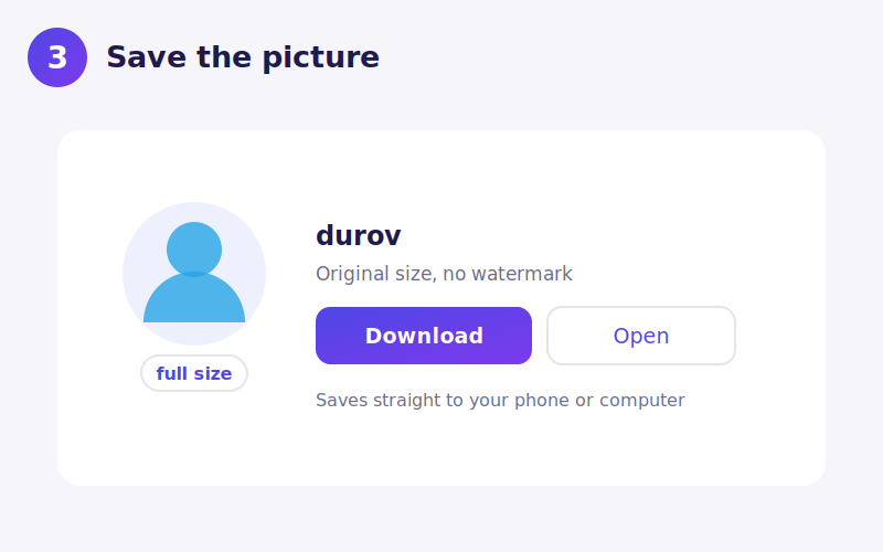 The retrieved Telegram profile photo shown at full size with a download button