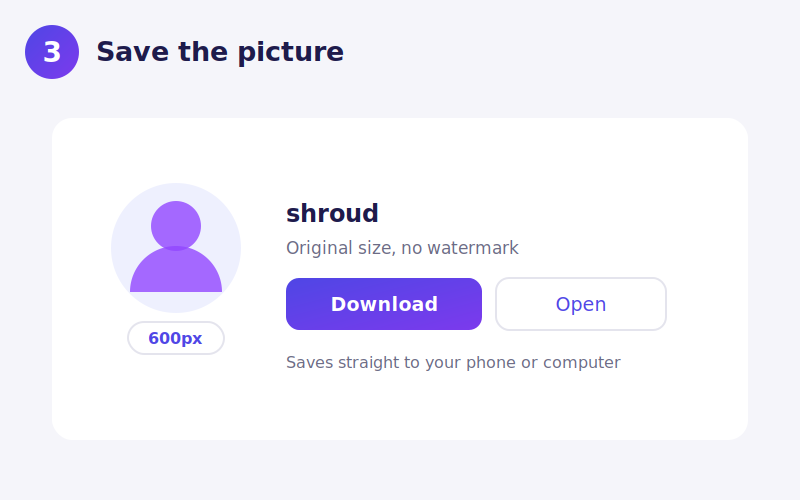 The retrieved Twitch avatar shown at 600 pixels with a download button beside it